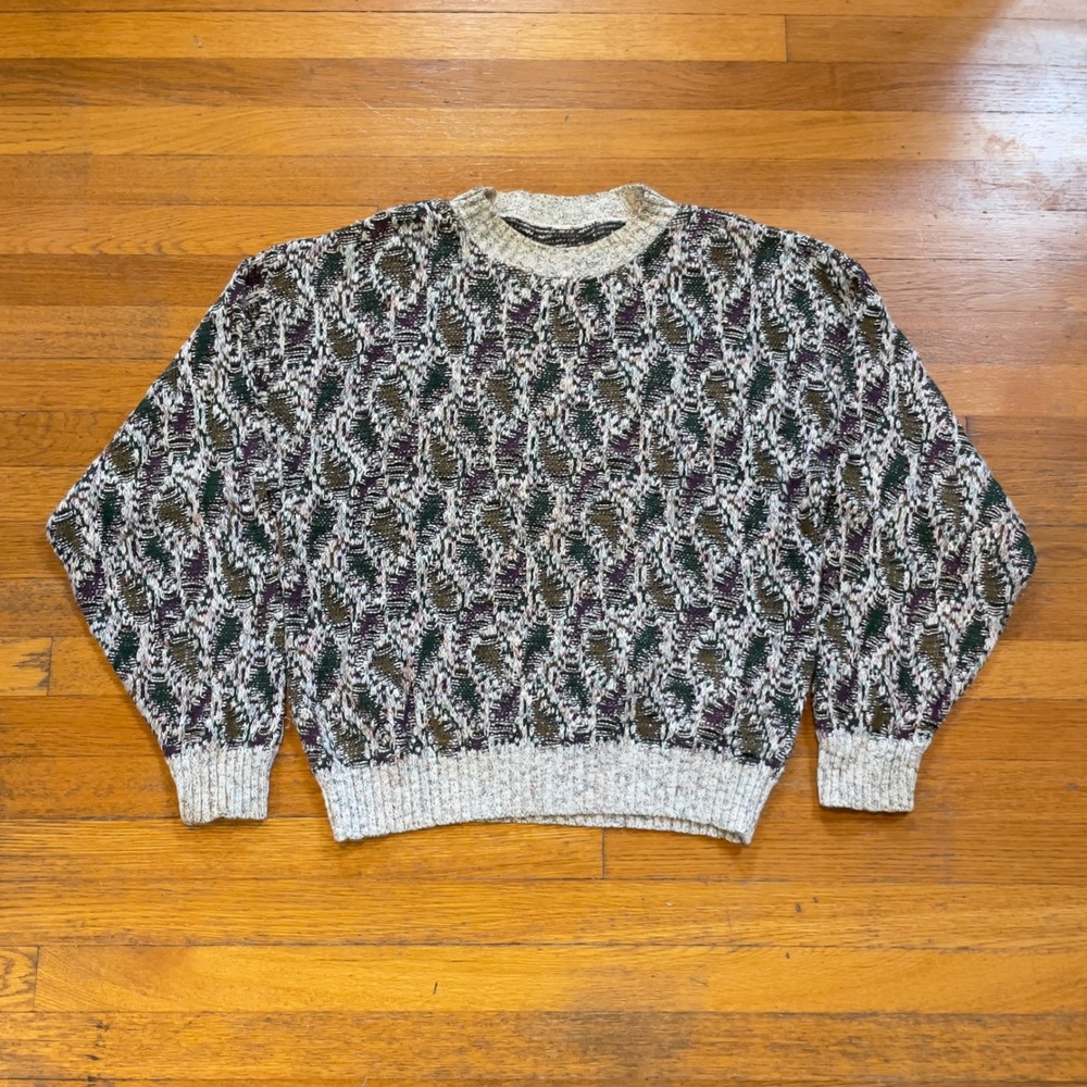 VTG 80s 90s Geometric Paisley 3D Knit Pattern Crewneck‎ Sweater Coogi Style M-L